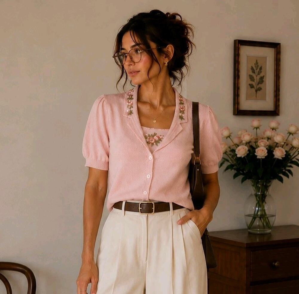 Vtg Pink Crochet Button Cardigan Top Floral Granny Cottage Prairie Country Large